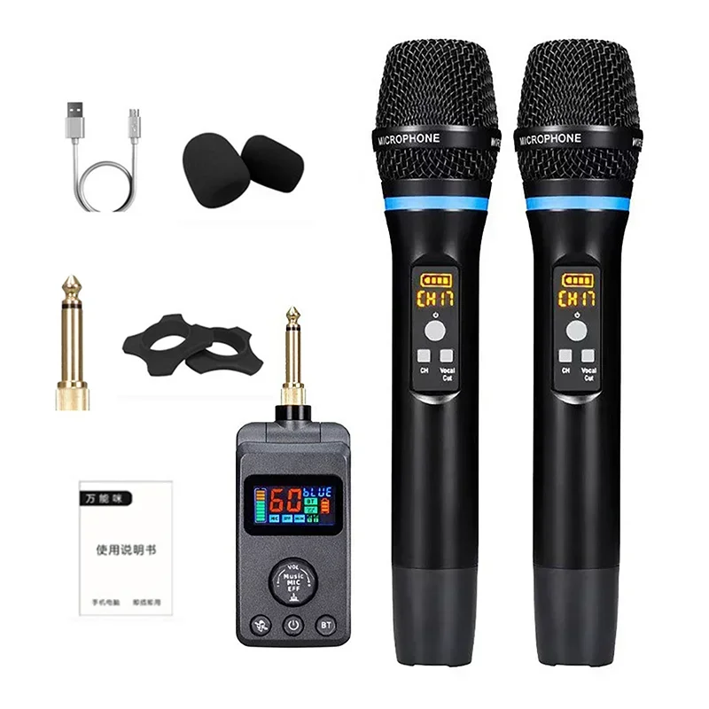 UHF Dual Wireless Dynamic Karaoke Microphone System Anti-Howling Rechargeable Receiver Plug Play Microphone Set Built-in Lithium