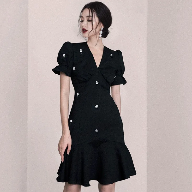 

Slimming Little Bla Dr Hepburn Sle Summer New Arrival High Waist Bubble Sve V-Ne Polyester Nylon Cosite Fiber