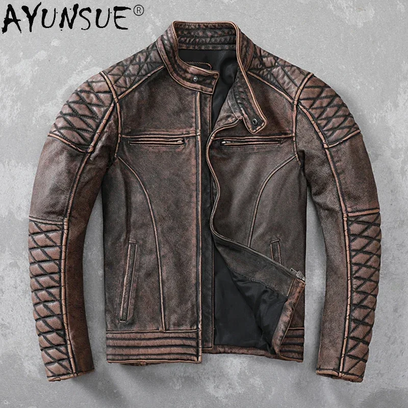 

AYUNSUE Retro Genuine Cowhide Leather Jacket Men Clothing Motorcycle Mens Jackets Bike Coat Male Autumn Clothes Veste LXR678