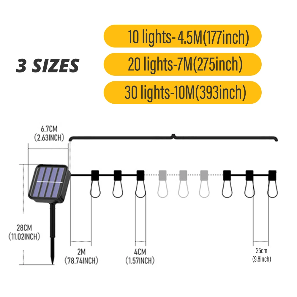 Guirnalda de luces LED solares para exteriores, bombillas de decoración navideña impermeables IP65, corona de vacaciones retro, muebles de jardín,