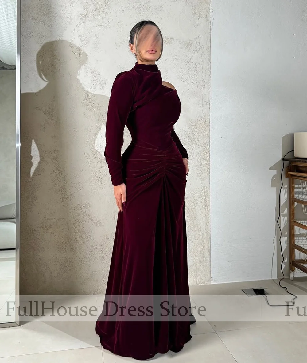 مناسبة مخصصة خمر الرقبة العالية كم طويل المخملية غمد مثير ثوب مسائي مطوي الطابق طول فستان عربي سعودي مع المحكمة