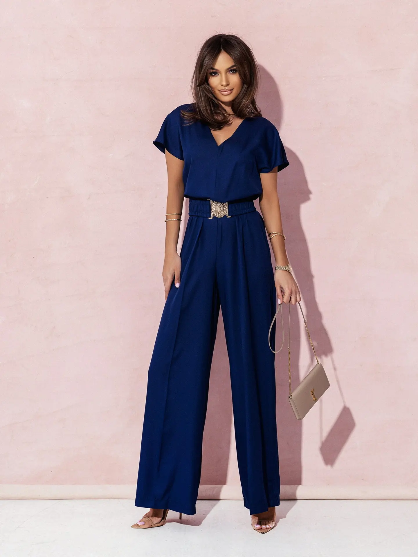 Fashion V-neck Short Sleeve High Waist Jumpsuit Women 2024 Summer Solid Wide Leg Elegant Romper Vintage Jumpsuits Overalls Women