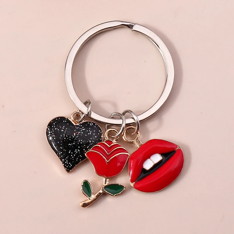 Fashion Rose Flower Keychain Enamel Love Heart Red Lips Key Chains Souvenir Gift For Women Men Handbag Car Key DIY Jewelry Gifts