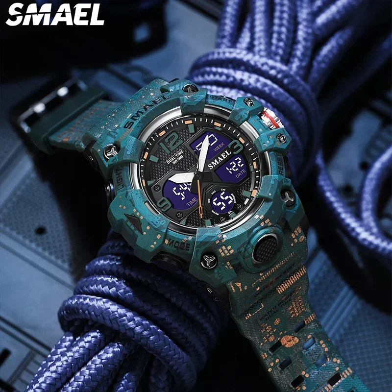 SMAEL Camouflage Style 50M Waterproof Clock Alarm Stopwatch  Quartz Wristwatches For Men Men Watches Sport  Military Watch 8008