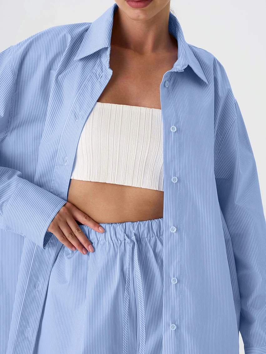 Marthaqiqi Striped Female Nightgowns Set Long Sleeve Nightwear Turn-Down Collar Pajama Pants Causal Women Sleepwear 2 Piece Suit