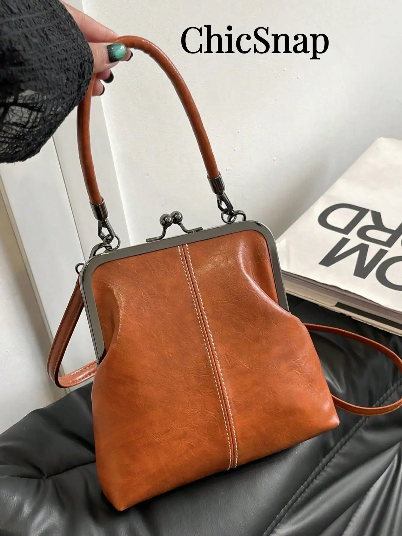 

Vintage-Style Faux Leather Kisslock Mini Top-Handle Bag with Adjustable Strap