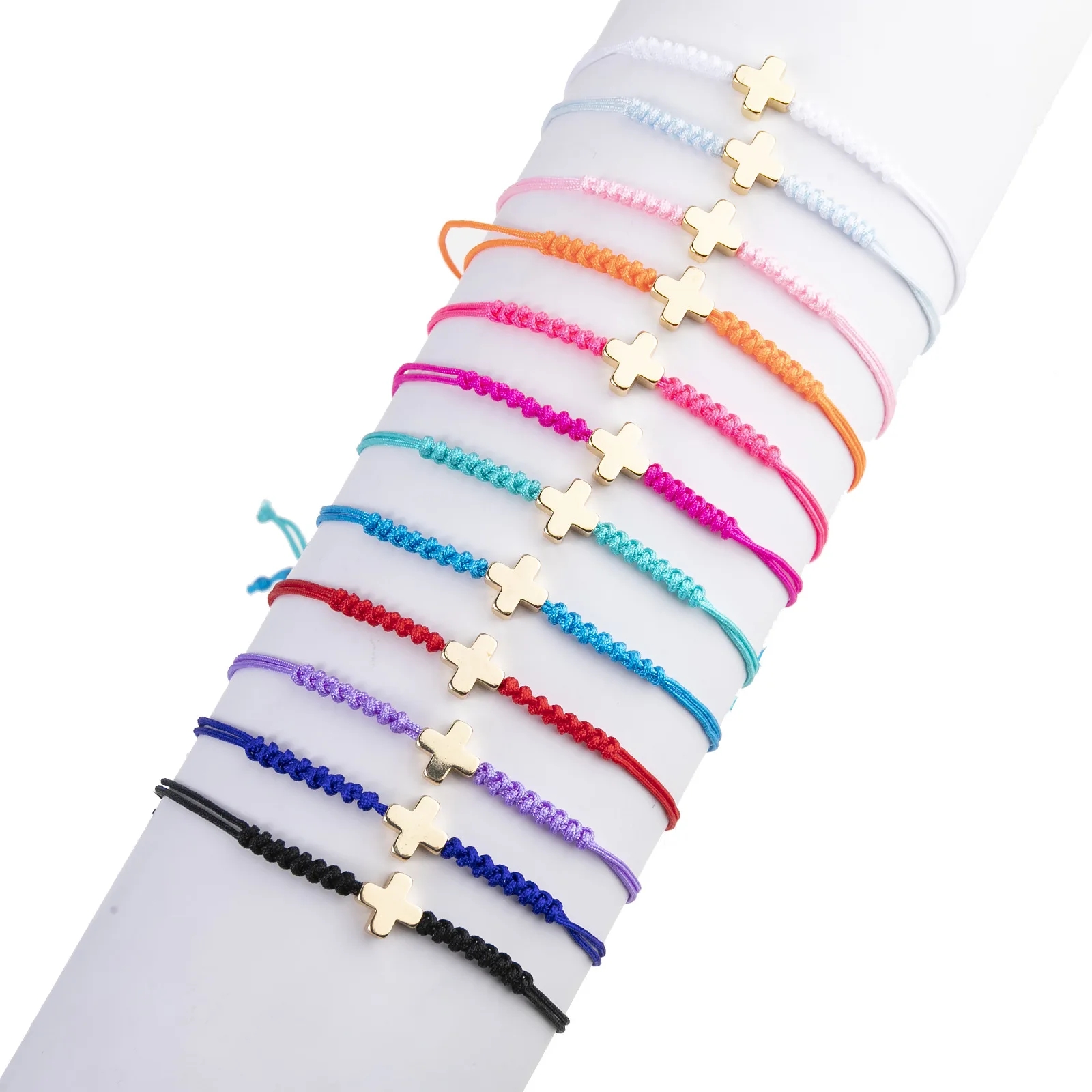 12pcs/card fashion simple gold-plated cross multi-color rope braided European and American adjustable bracelet