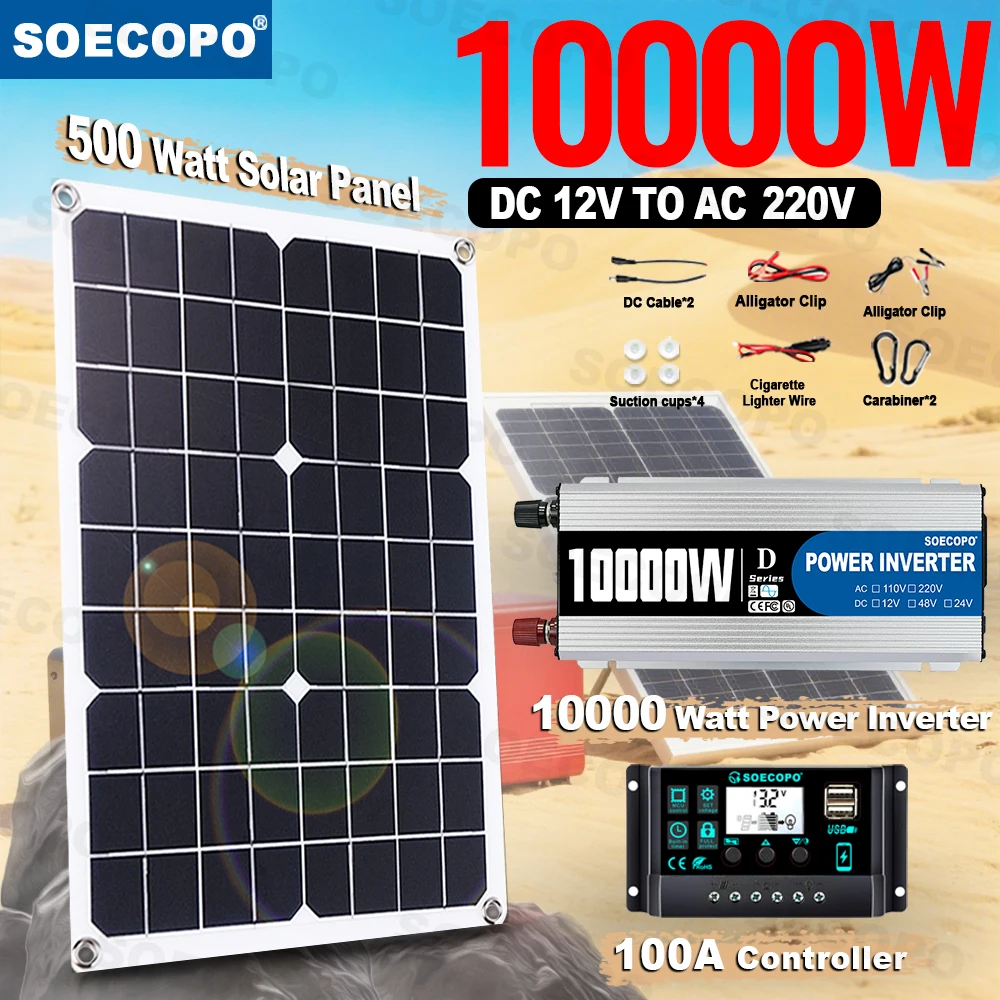 

SOECOPO 10000W Solar Kit 12V to 110V/220V Inverter 500W Panel 100A Controller Plug and Play for Survival kit Tent BBQ Party home
