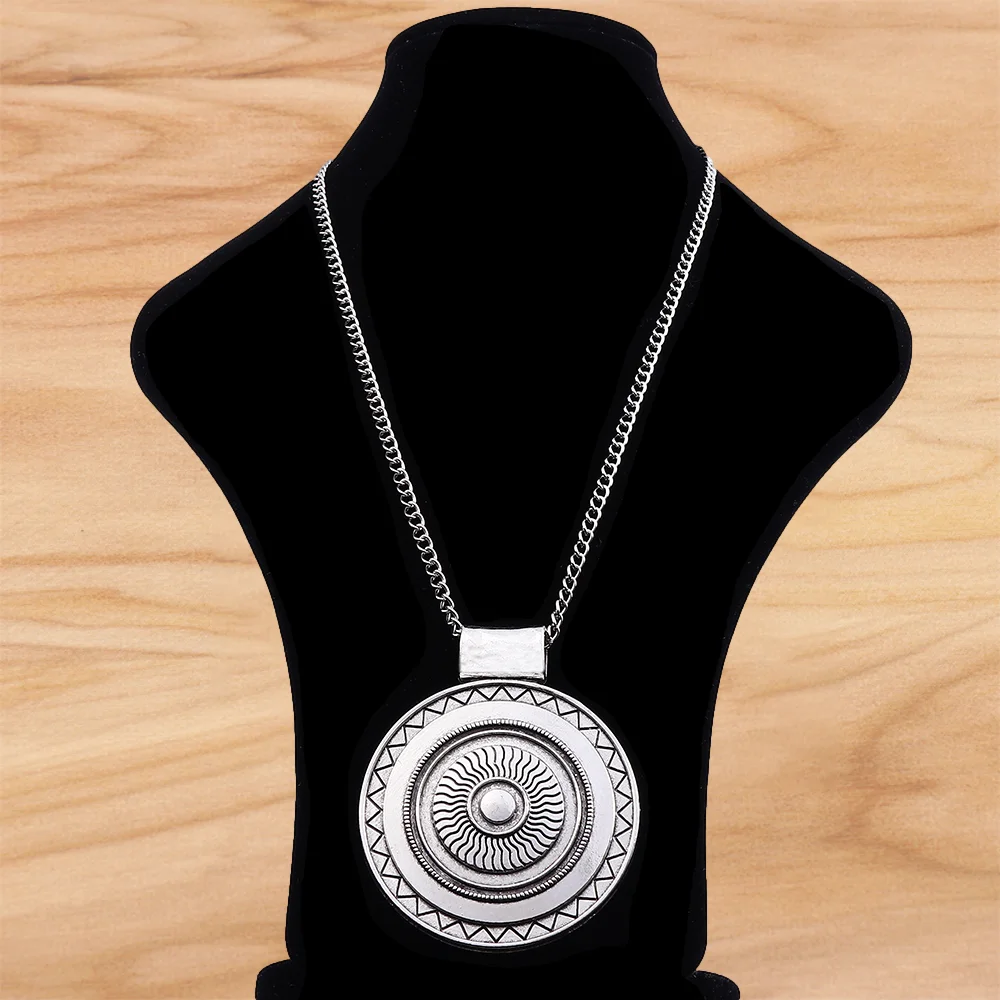 Tibetan Silver Large Boho Bohemia Tribal Round Medallion Pendant on Long Chain Necklace Lagenlook 34 Inches for Jewelry Women