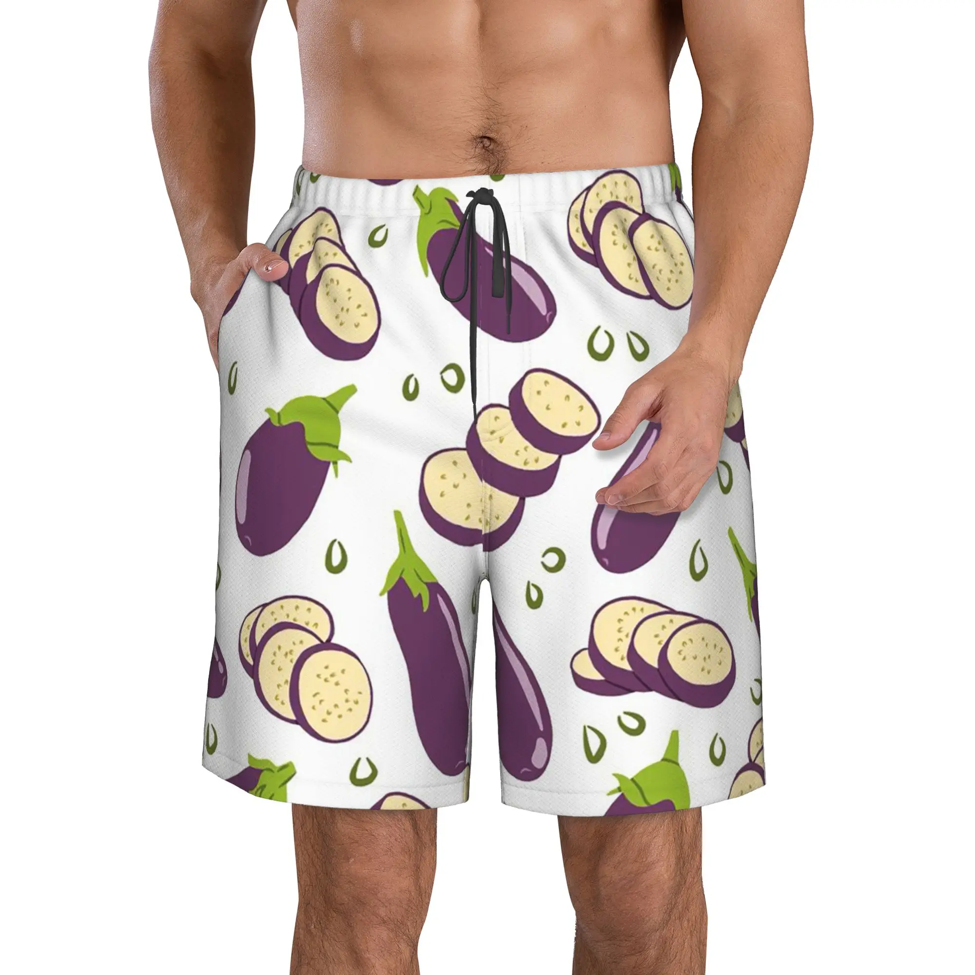 Vegetable Cartoon Eggplant Pattern Trunks Beach Board Shorts Casual Quick Dry Swimming Summer Men Pants