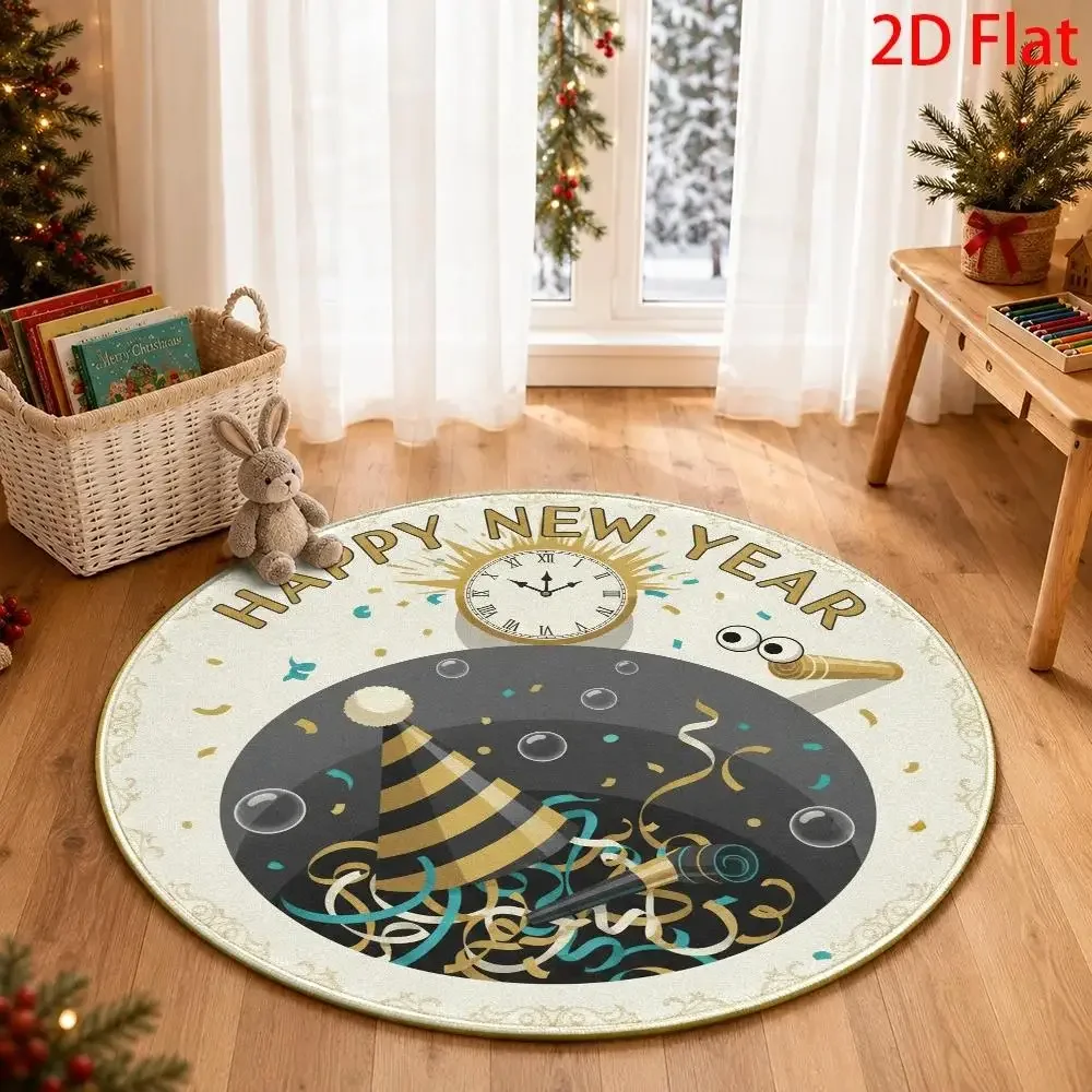 Trendy Round Christmas Tree Santa New Year Print Rug Home Decor Floor Mat for Living Room Bedroom Holiday Party Indoor Carpet