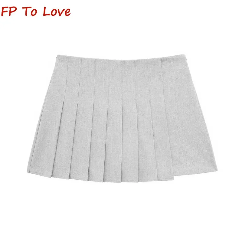 

Y2K College Style High Waisted Asymmetric Mini Skirt PB&ZA Woman Spice Girls Wide Pleated Pant Skirt Grey 1608035