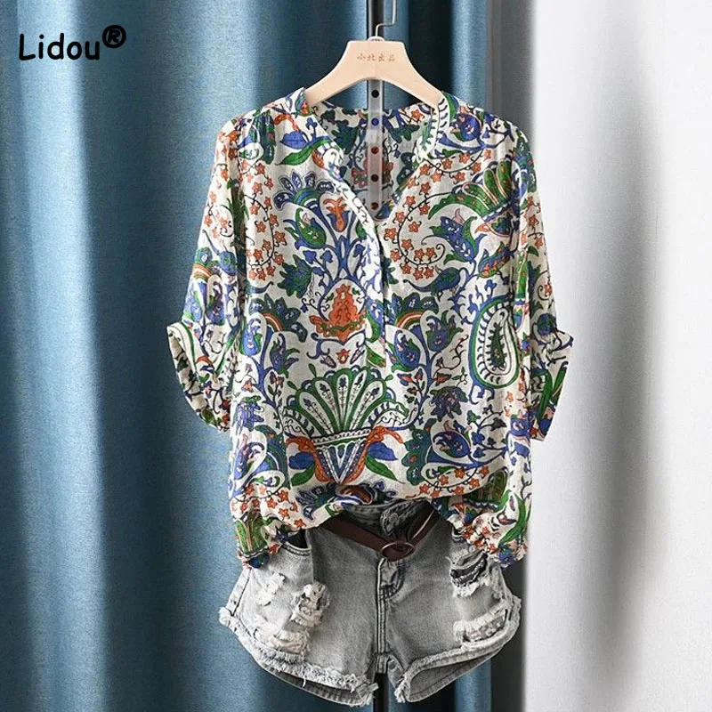 Vintage Temperament Lady Short Sleeve Printing Shirt Summer Fashion Elegant Loose Button Spliced V-Neck Blouse Women\'s Clothing