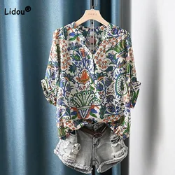 Vintage Temperament Lady Short Sleeve Printing Shirt Summer Fashion Elegant Loose Button Spliced V-Neck Blouse Women's Clothing