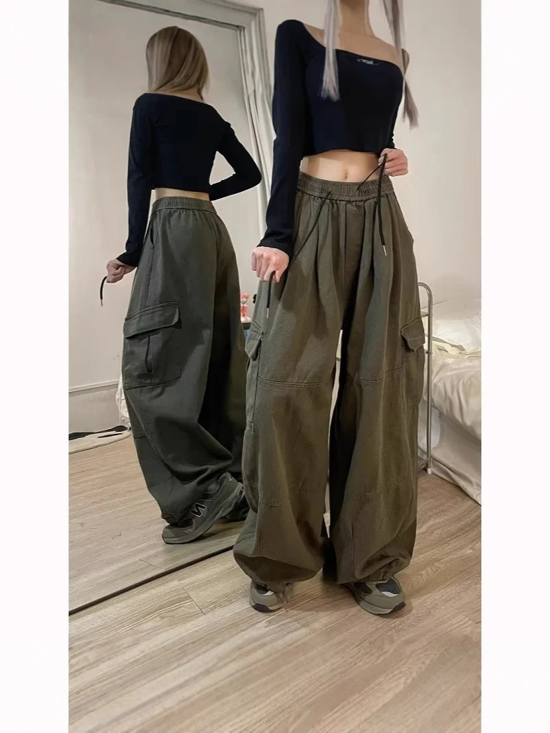 السراويل البضائع النسائية البحرية الخريف النايلون Bootcut الشارع الشهير ترهل المرقعة غسلها منفعل متعددة جيوب الحضرية العصرية اليومية شيك Y2k