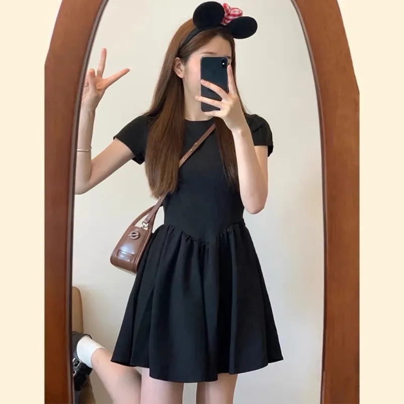 Dress Women Summer Chic Elegant Street Ins Korean Style Mini Simple All-match Short Sleeve Fashion Solid Ladies Vestidos Holiday