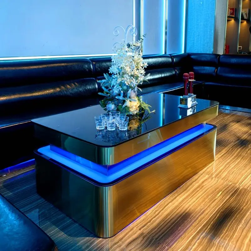 custom.Luxury Customized Bar Nightclub Furniture Set Stainless Steel Tempered Glass Led Light Up KTV Table