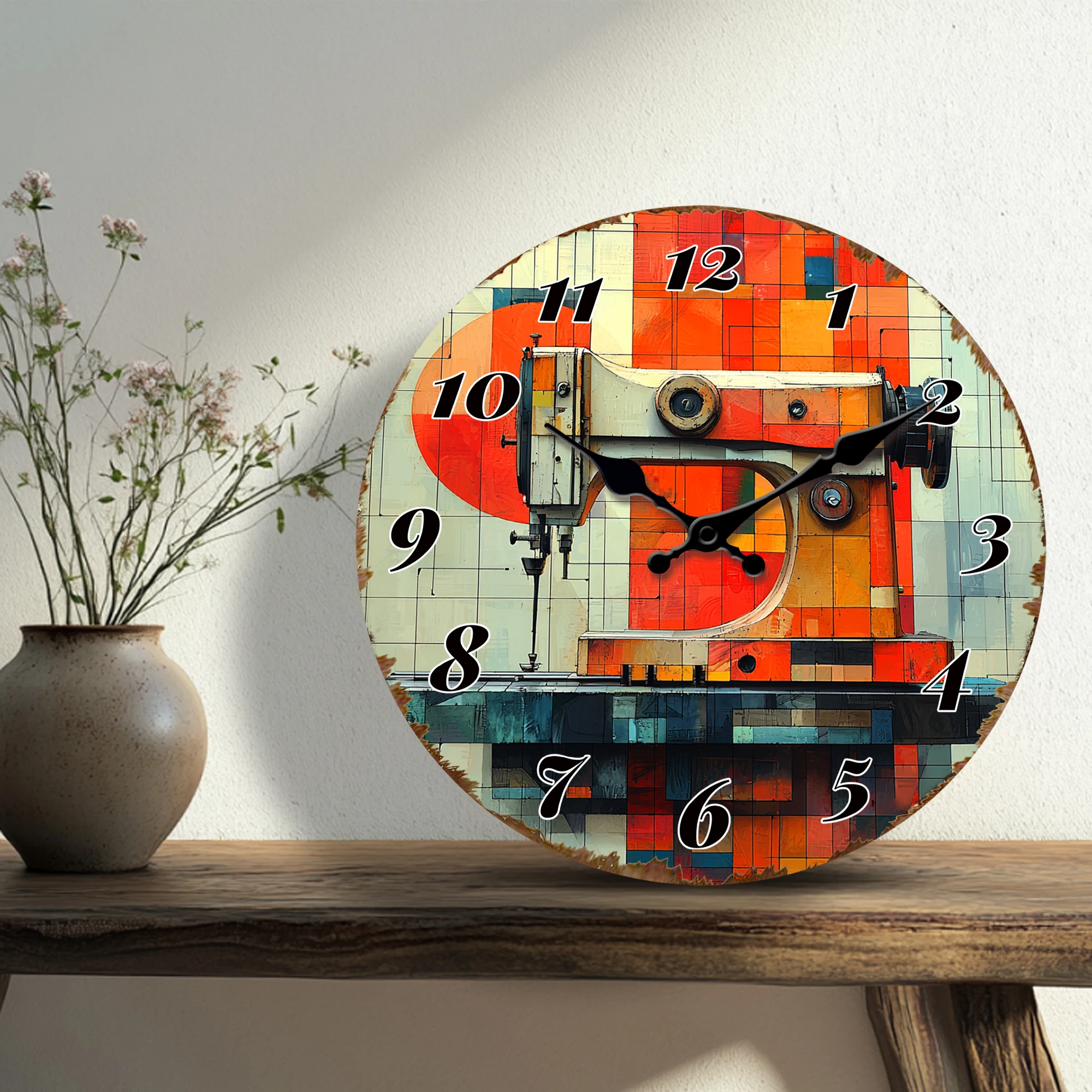 Retro Sewing Machine on Colorful Mosaic Background Wall Clock, Unique Craft Room or Studio Decor