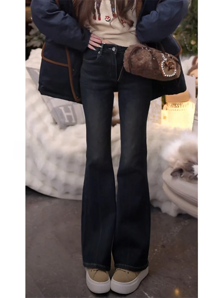 

Женские джинсы Mimius Vintage Slim Fit с четырехсторонней эластичной тканью, на флисовой подкладке, утепленные, расклешенные, длинные брюки из хлопкового денима