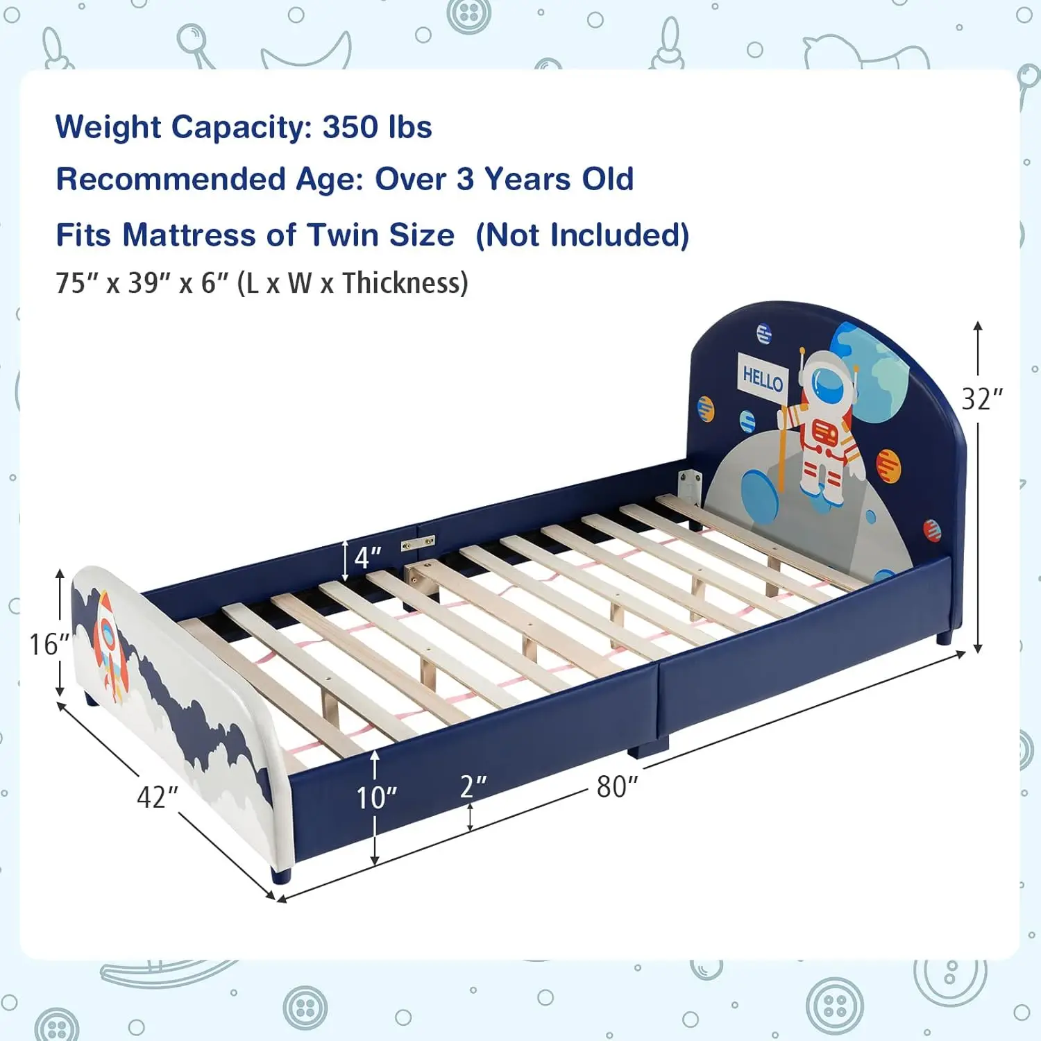 Marcos de cama doble para niños, plataforma de cama doble tapizada de madera con soporte de listones, cabecero y pie de cama acolchados, no necesita somier