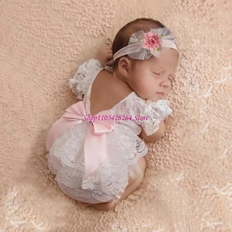  Newborns Lace Bodysuit with Bowknot Headband Set for First Photos and Event, Lovely Girls Dress and Stylish Headwear