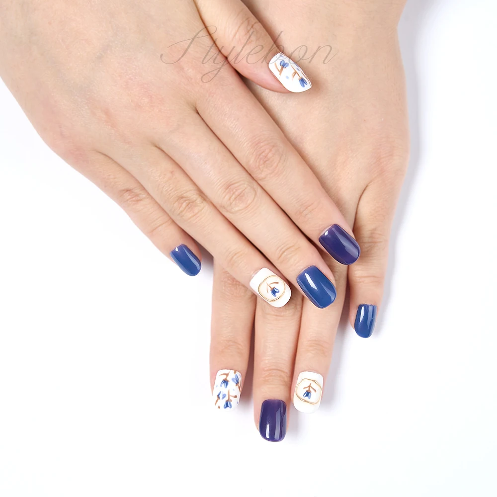 Faux ongles en acrylique à couverture complète, embouts à coller, presse ronde courte, tulipe bleue faite à la main, N64.avec colle