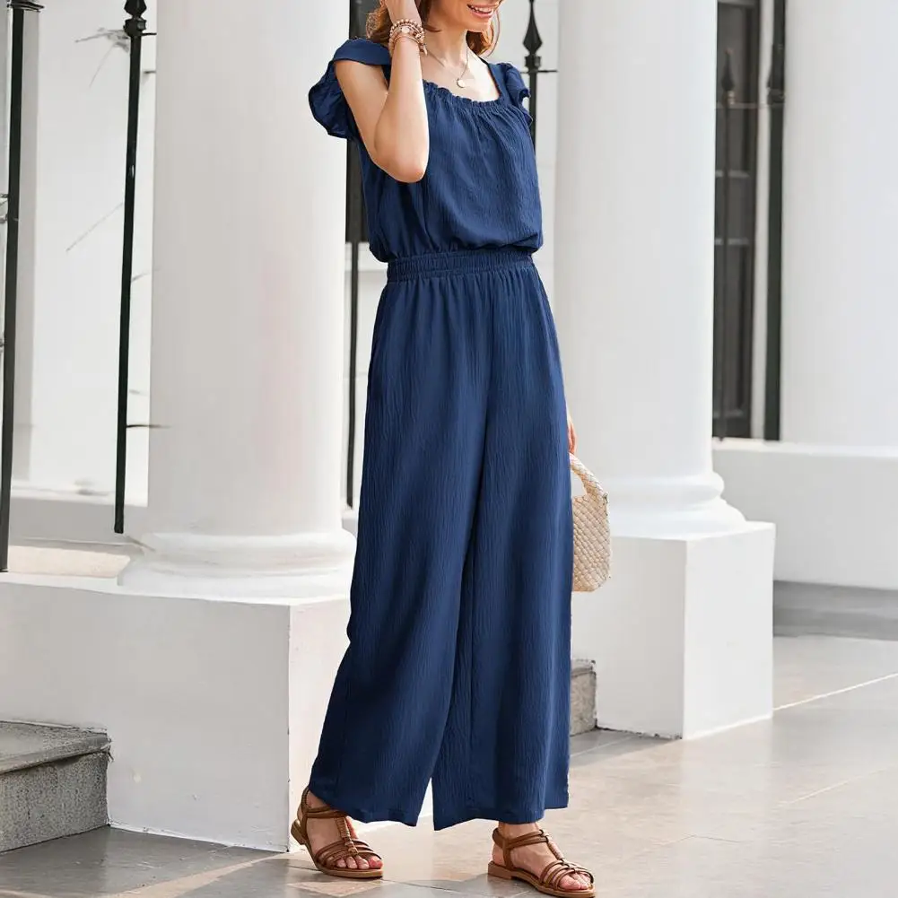 Повседневный комбинезон с широкими штанинами для женщин. Стильные женские летние комбинезоны. Комбинезоны с рюшами и короткими рукавами. Комбинезоны на шнурке для женщин.