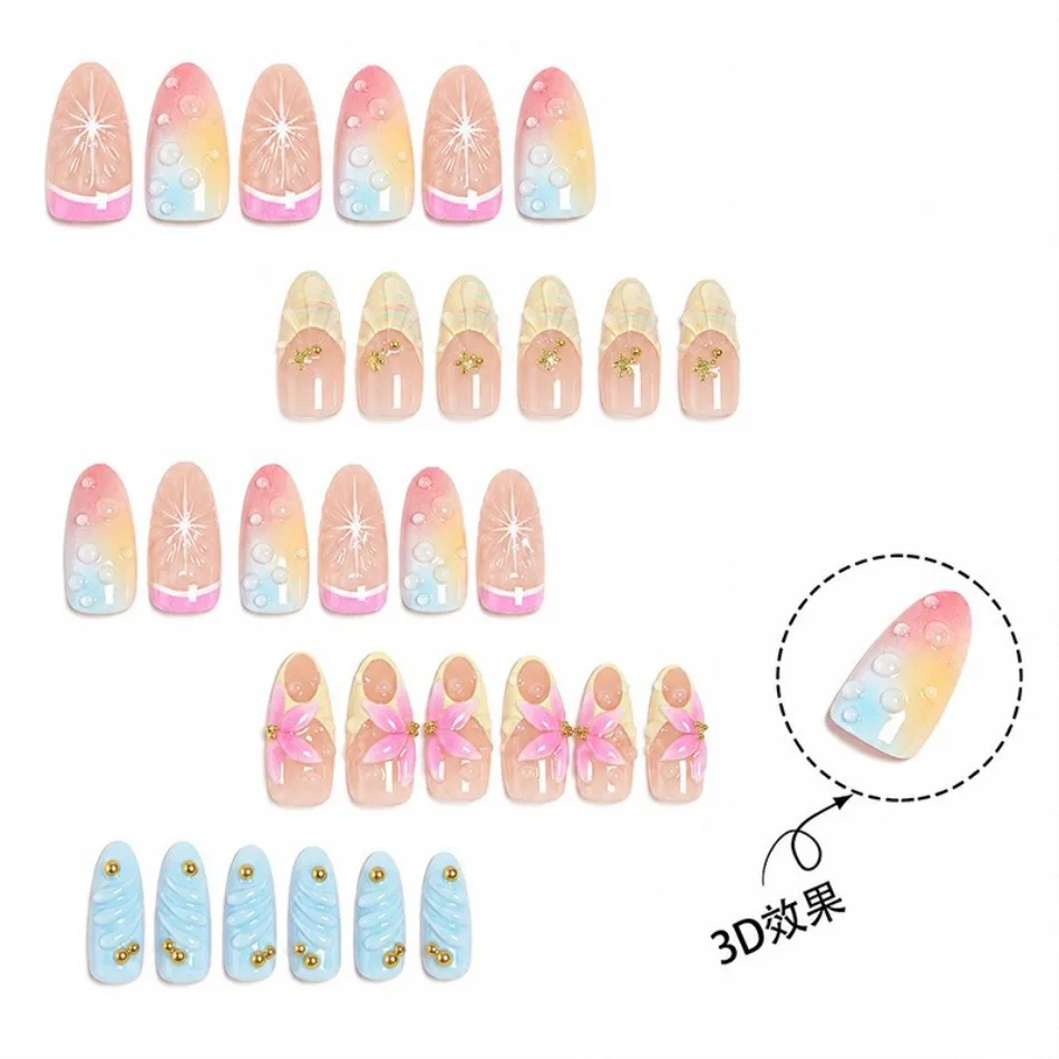 Pastel Gradient 3D Flower Shell Starfish Water Drop Handmade Press On Nails Reusable False Nail Art For Party Holiday Wear JT39
