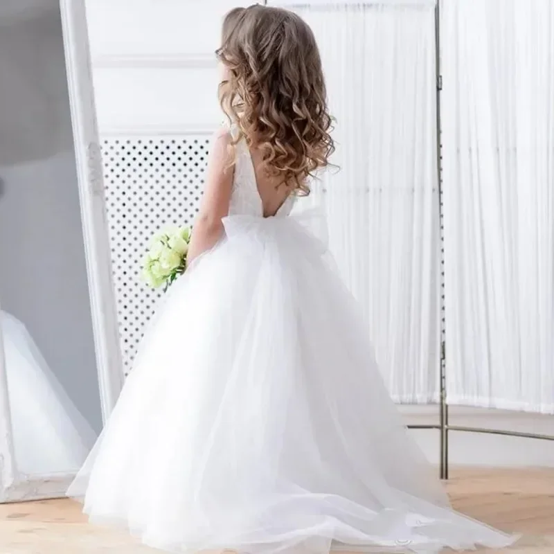 Robe blanche à fleurs pour petite fille, col en v, perles, dos nu, princesse, mariage, fête d'anniversaire, première communion