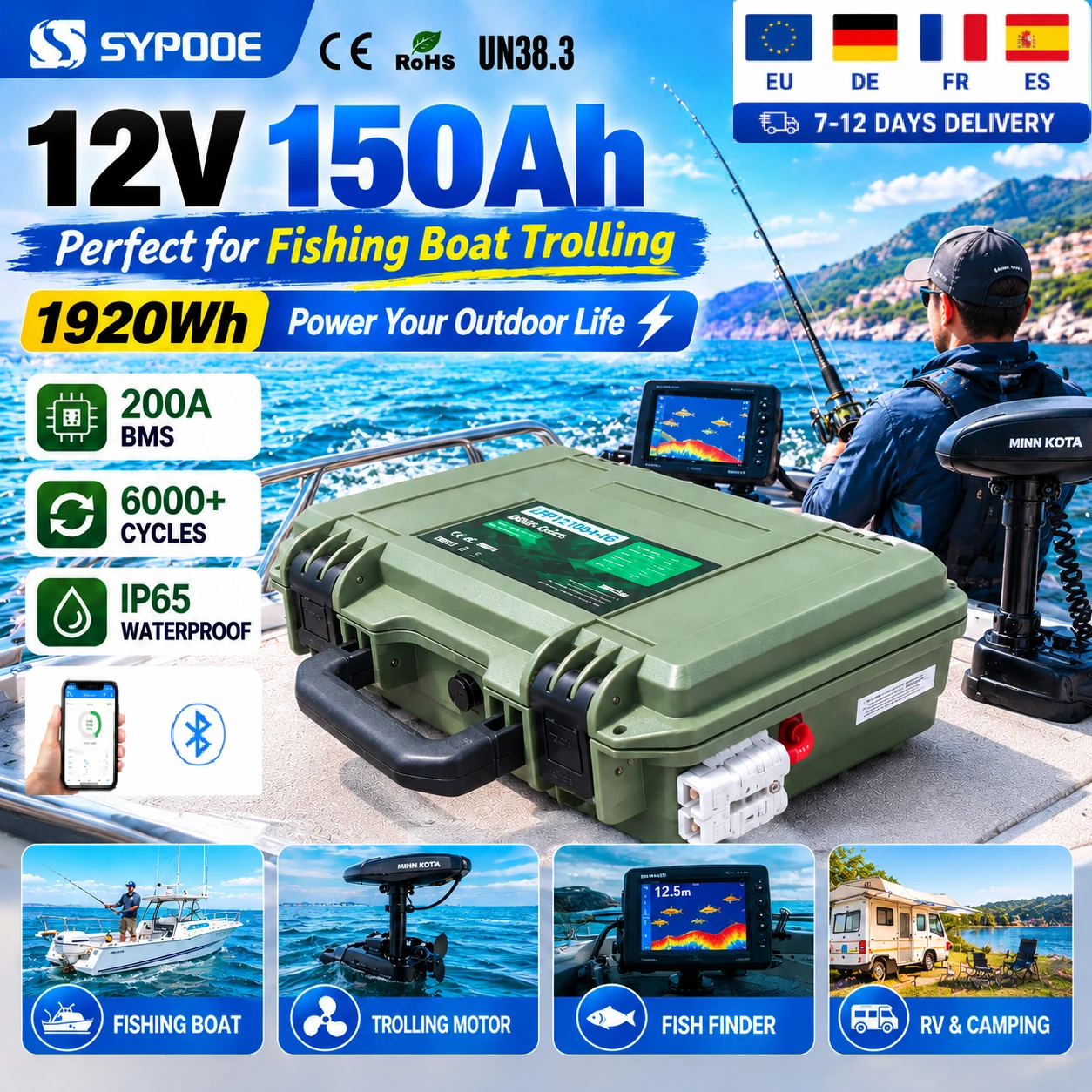 LiFePO4 Battery 12V 150Ah 100Ah 50Ah IP65 Bluetooth BMS 6000 Cycles For Fishing Boat Trolling Motor Camping 24V Lithium Battery