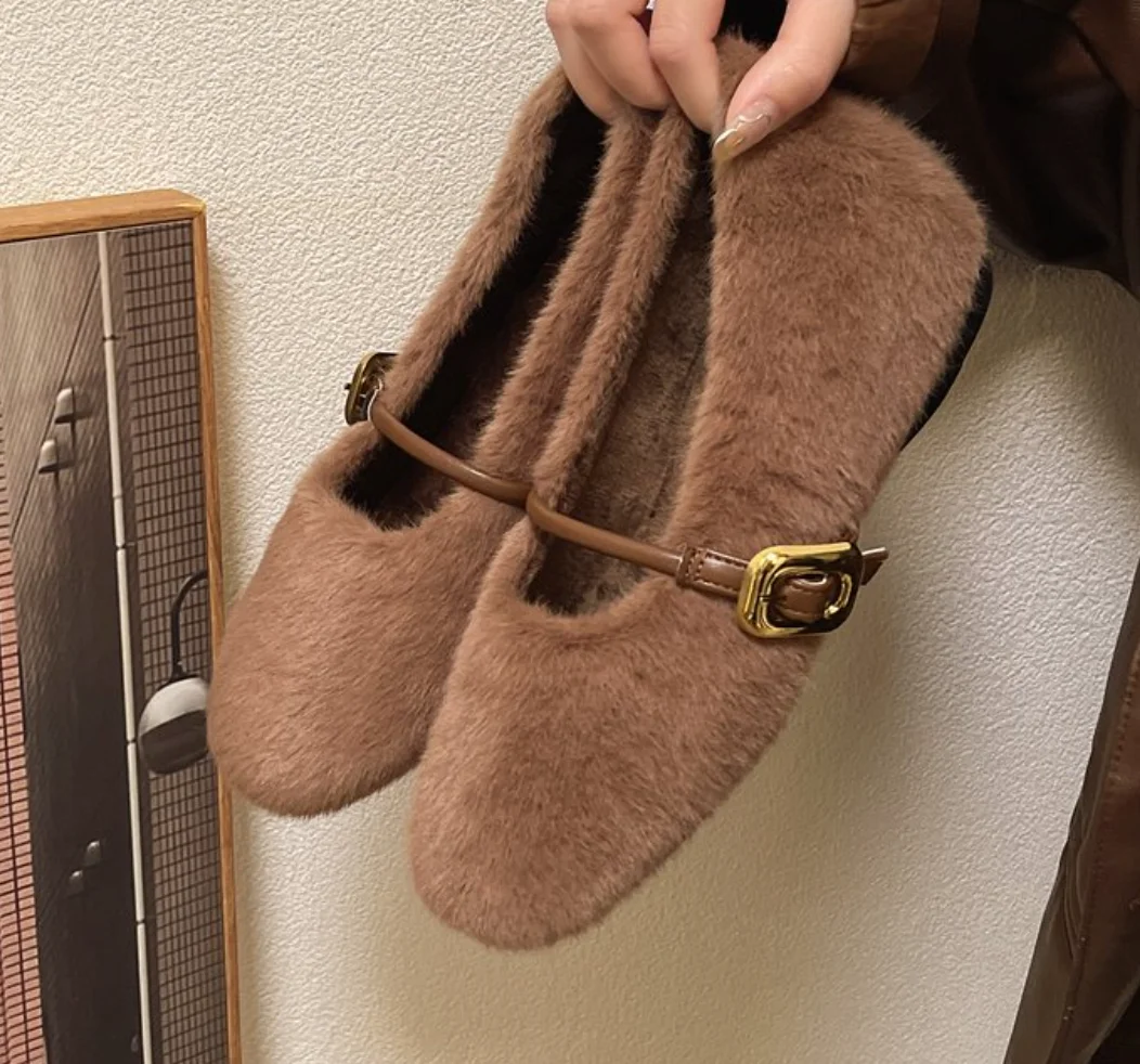 Fashion Faux Fur Warm Cotton Women Flats Shoes Comfort Internal Increase Soft Plush Mary Jane Shoes Elegant Women's Party Shoes