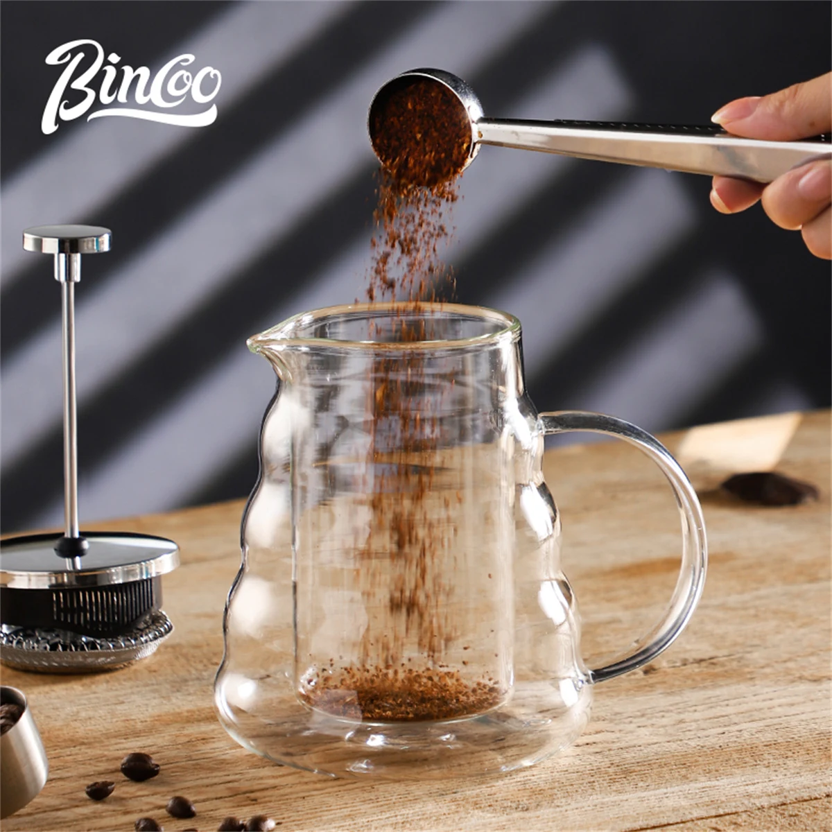 BINCOO 600ML double-layer high borosilicate glass press pot, hand brewing pot, household coffee brewing filter, coffee cup