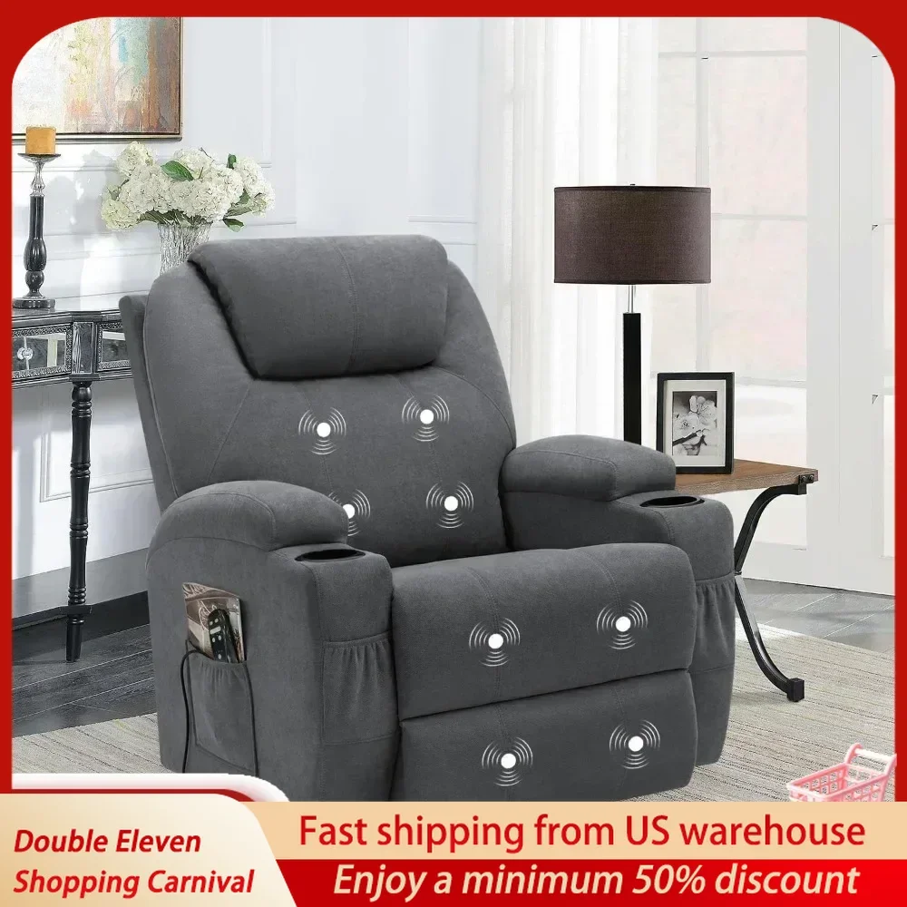 Rocking Chair with Massage Swivel Ergonomic Lounge Classic Single Sofa with 2 Cup Side Pockets Living Room Home Theater Seat