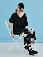 IMAKOKONI original design elasticated waist black summer thin style cropped pants wave dot printed nine cropped pants 223691 - Image 5