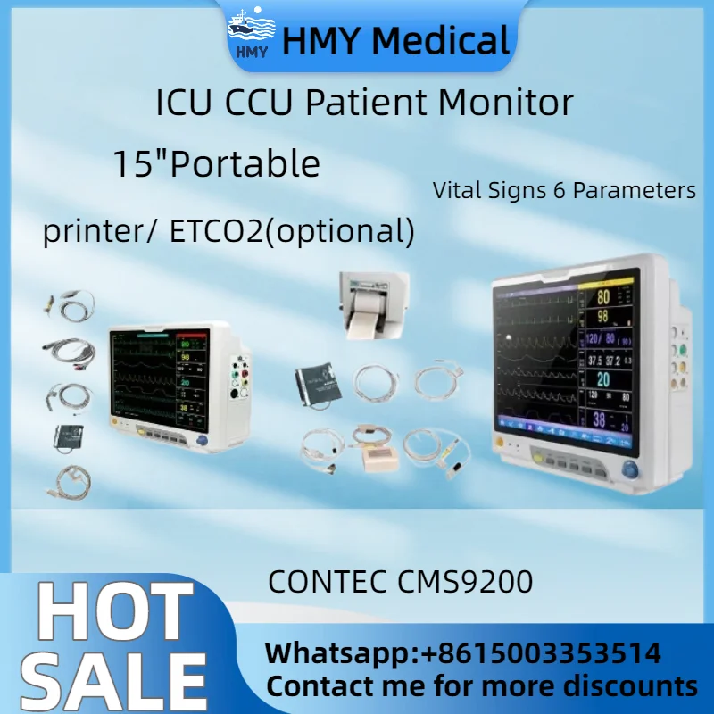 Медицинский монитор пациента CONTEC CMS9200 с 15-дюймовым TFT-экраном: многопараметрический прибор с измерением SpO2, частоты сердечных сокращений и ETCO2