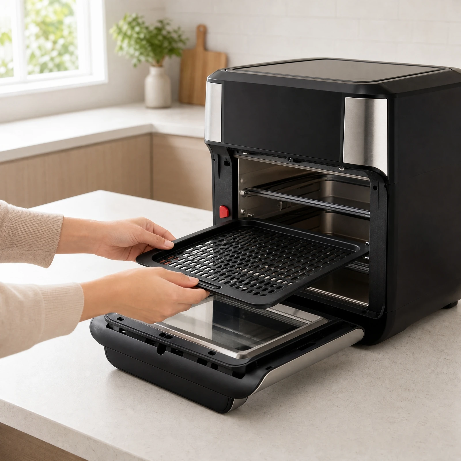 Rectangular Air Fryer Perforated Tray with Integrated Front Grip for Roasting Chicken Wings and Vegetables