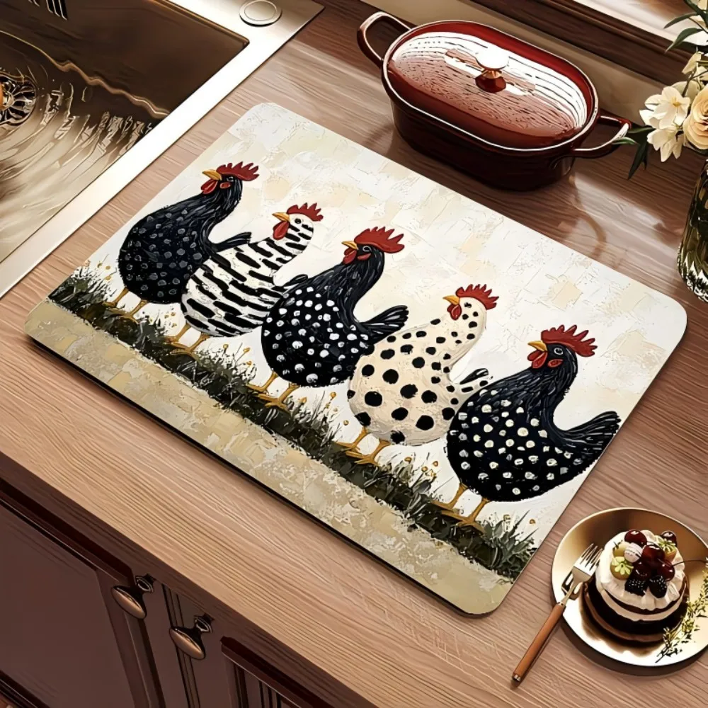 Tapete Super Absorbente para Secar Platos con Diseño de Gallo, Tapete Antideslizante para Drenaje de Cocina y Cafetería, Alfombra Decorativa con Diseño de Gallo