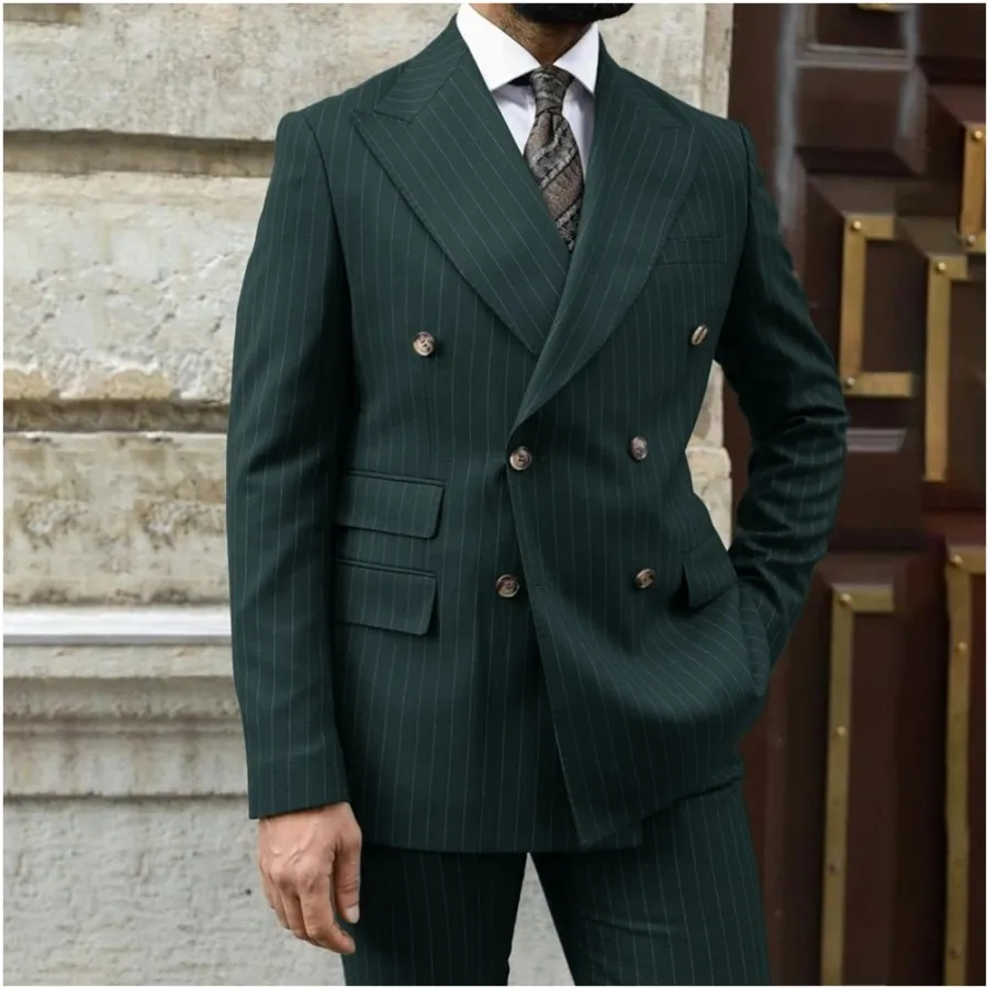 

Mens Stripe Suits Jacket+Pants Set Elegant Double Breasted Peaked Lapel Blazer 2 Pieces Wedding Groom Business Formal Dress