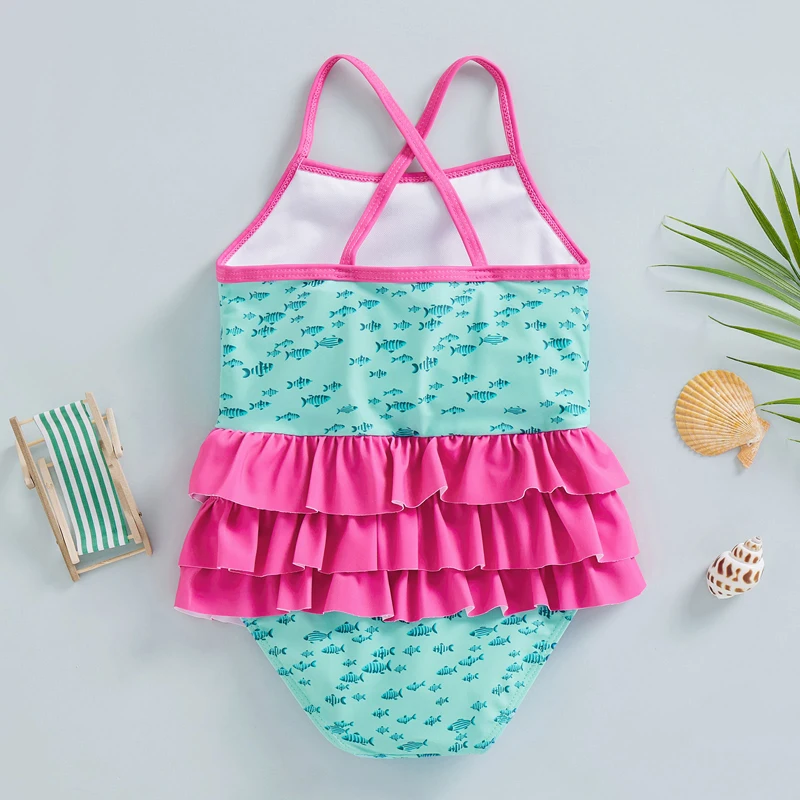 Toddler Baby Girl Swimsuit Sleeveless Floral Shell Print Summer Bathing Suit Cute Swimwear Bikini Kids Swimming Clothing