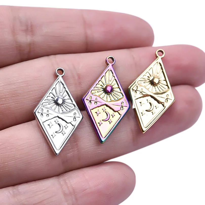 5pcs Diamond Shaped Sun And Moon Pendant Handmade DIY Necklace Finding Colorful Amulet Stainless Steel Materials Vintage Charms