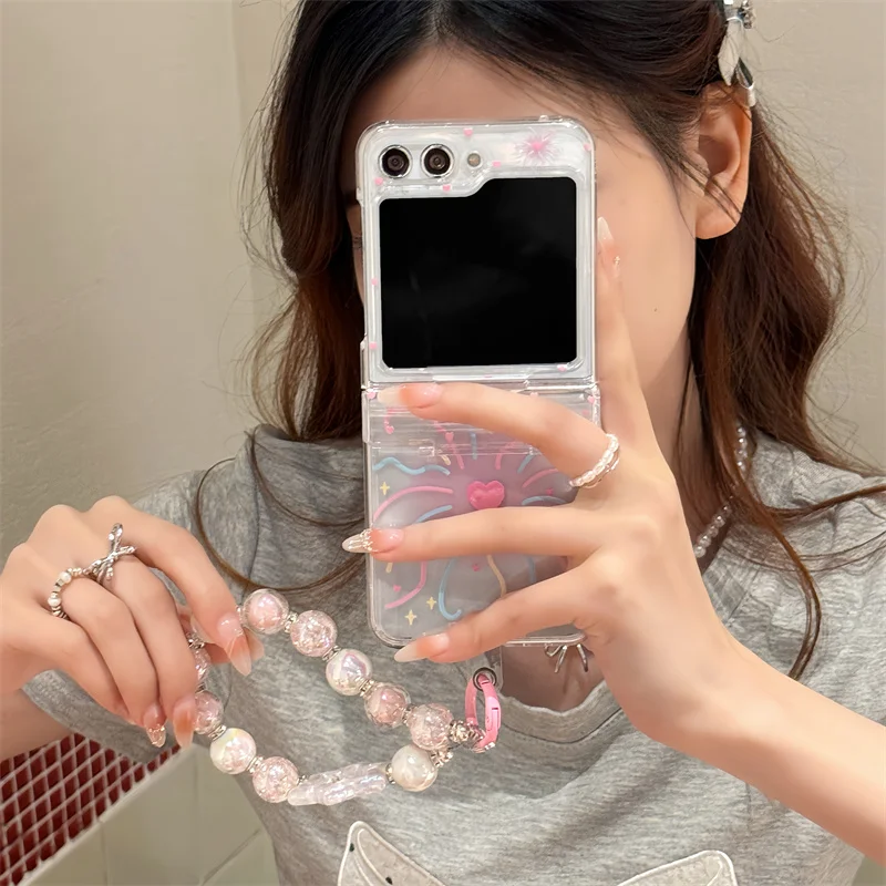 Funda trasera transparente a prueba de golpes para Samsung Galaxy Z Flip 3, 4, 5, Z Flip5, ZFlip5, pulsera de fuegos artificiales de colores