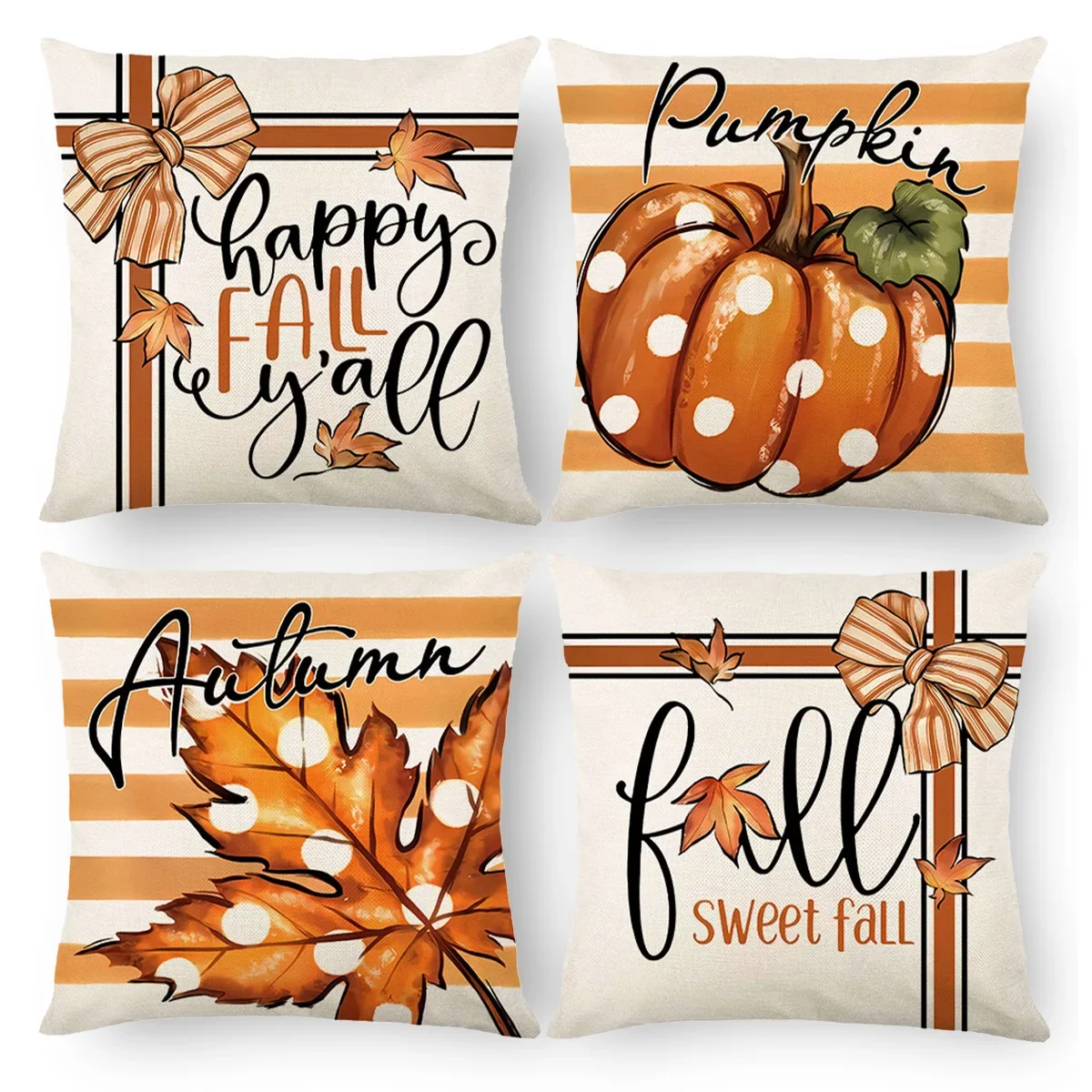 Pumpkin Design Fall Thanksgiving Pillow Covers 4 Pack Linen Cushion Cases Happy Autumn Holiday Home Sofa Decor