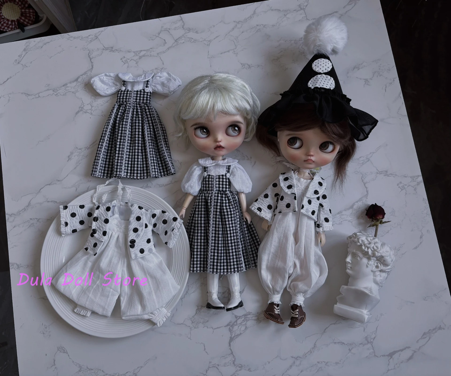 

Одежда для куклы Dula, белое пальто в горошек, шаровары, комплект шляп ведьмы Blythe ob24 ob22 ICY JerryB 1/6, аксессуары для кукол