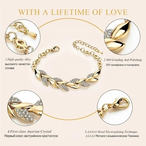 Luxury Love Braided Leaf Bracelet Charm Crystal Wedding Bracelets for Women Anniversary Valentines Day Gifts Aesthetic Jewelry