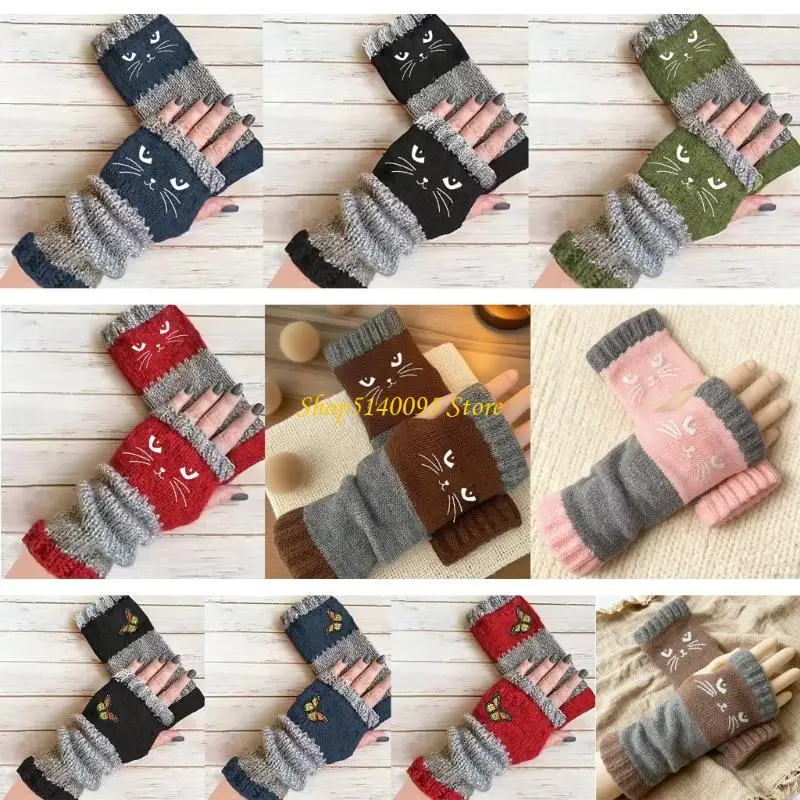 DXAE Women’s Knitted Fingerless Gloves with Cats Embroidery Cats Themed Thick Warm Winter Gloves with Cats Face Design