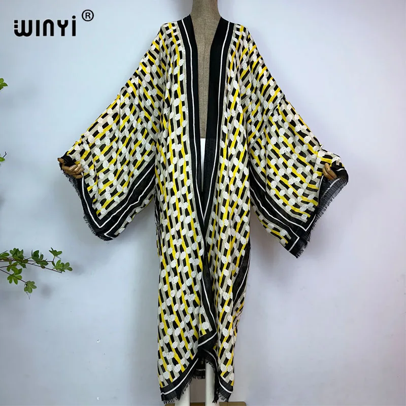 NEW WINYI Kimonos Women Retro bohemian print Long Sleeve Cardigan Female Blouse summer Casual beach Cover Up party kuwait kaftan