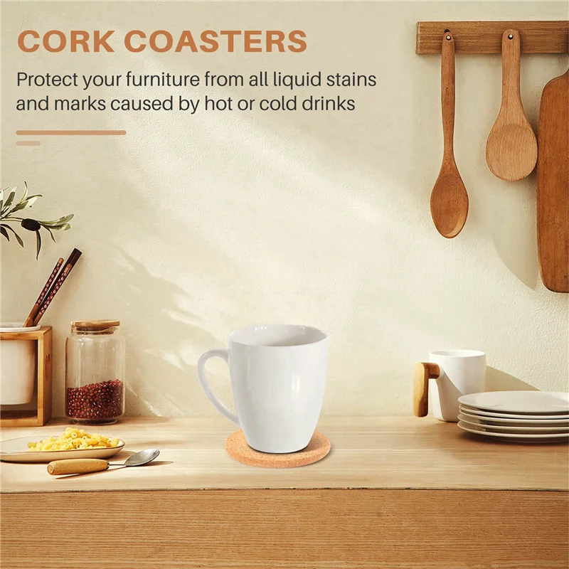 VOFUN-Natural Cork Coasters With Round 96Pc Set With Metal Holder Storage Caddy – 1/5Inch Thick, Absorbent