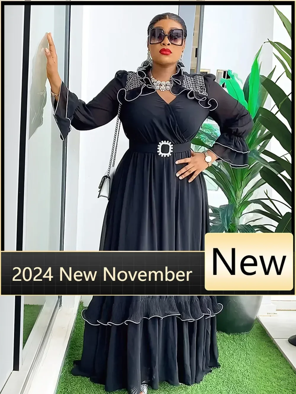 فساتين زفاف أفريقية للحفلات المسائية للنساء 2025 صيفي برقبة على شكل حرف v بوليستر 3/4 كم فستان طويل ماكسي ملابس أفريقيا