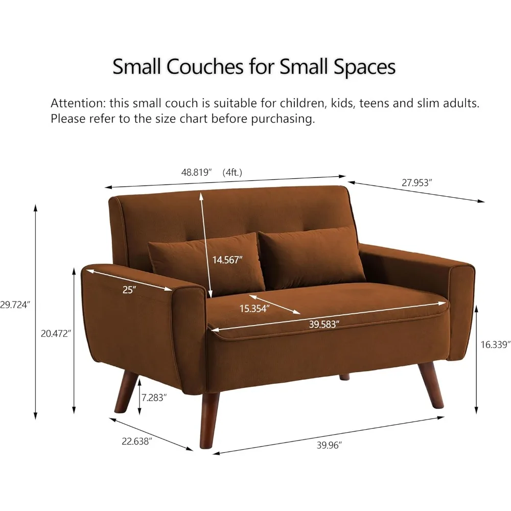 أريكة بمقعدين حديثة لمنتصف القرن مع وسائد خلفية وأرجل خشبية لغرفة المعيشة وأريكة صغيرة صديقة للمساحة