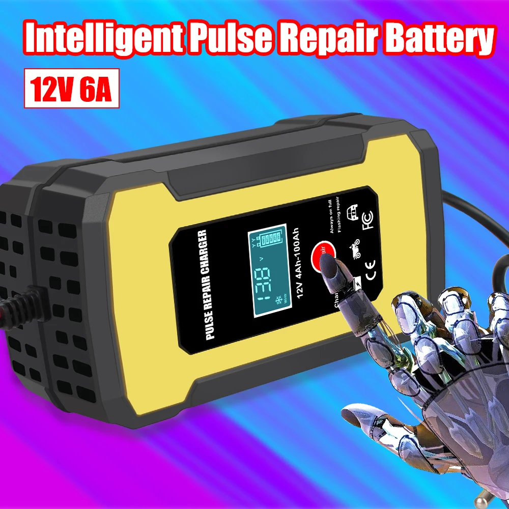 

12V 6A For Auto Motorcycle Car Battery Charger Smart Fast Charger Intelligent Pulse Repair LCD Display